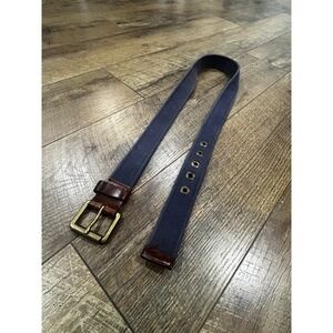 Vintage 90s GAP Made In USA Canvas Leather Belt Brass Buckle Navy Blue 38 Grunge